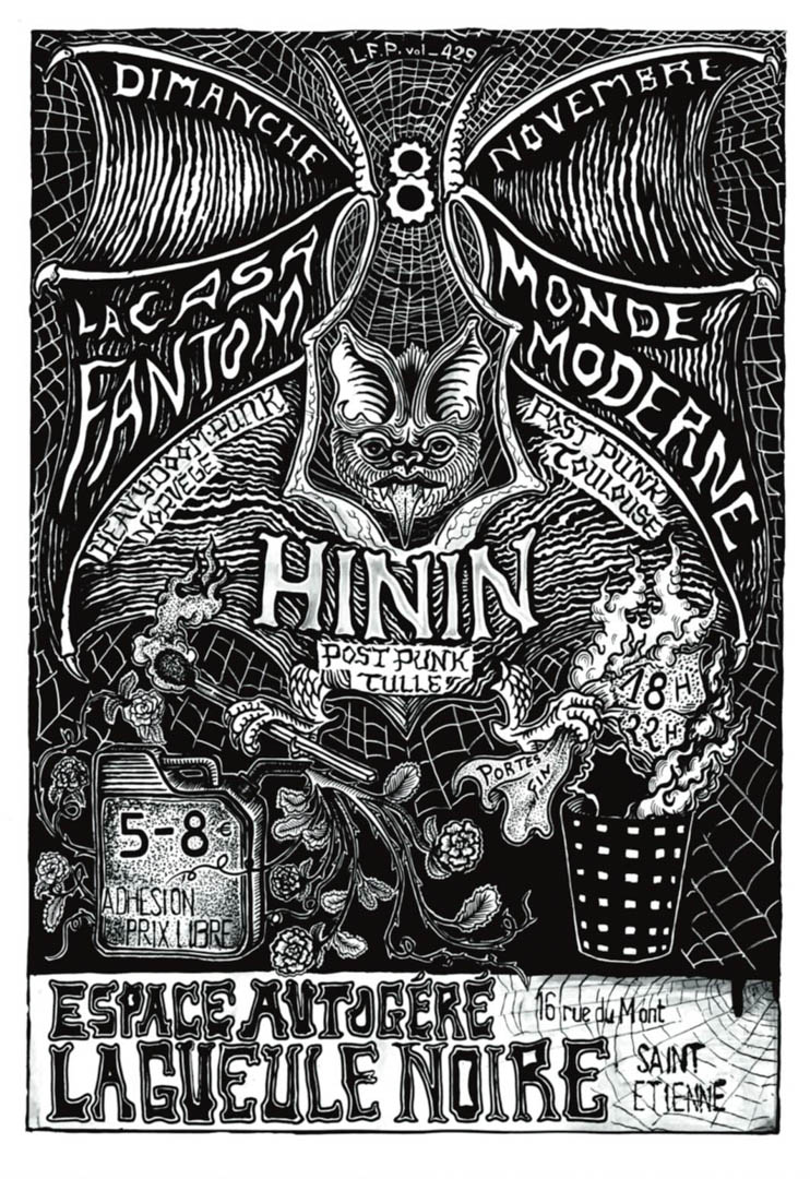 La Casa Fantom, Monde Moderne et Hinin à la Gueule Noire, Saint-Étienne, le 8 novembre 2026. Affiche par Charloto Cloporte
