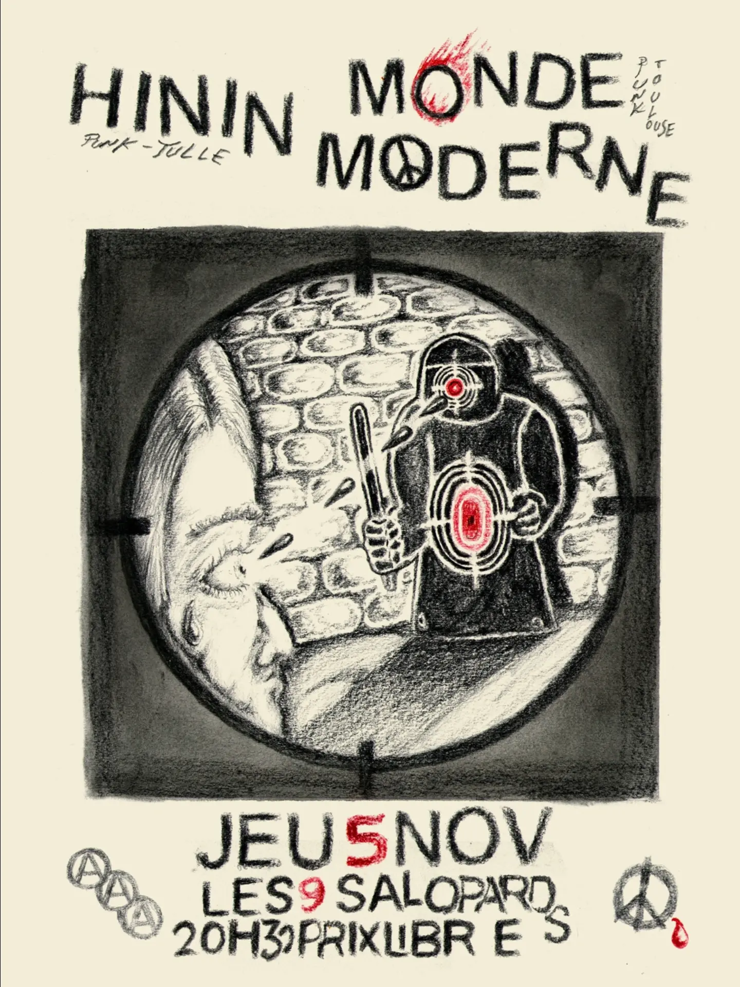 Flyer du concert de Monde Moderne & Hinin aux 9 Salopards à Marseille le 5 novembre 2026. Réalisé par @le_syndicat_des_initiatives